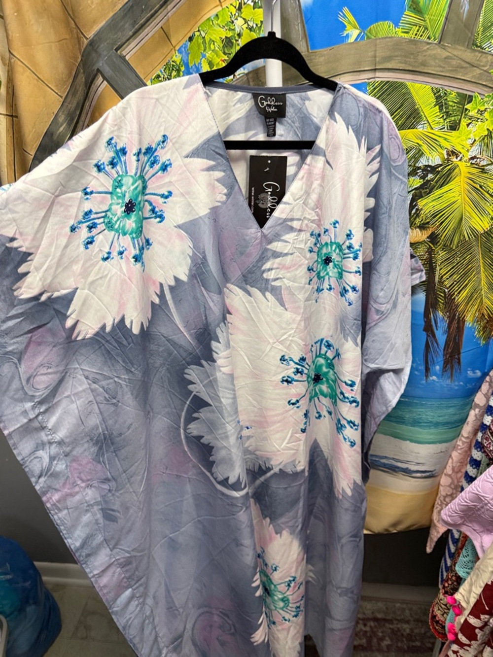 Goddess by Winlan Floral V-Neck Kaftan in Lavender and Aqua MUMU NWT
